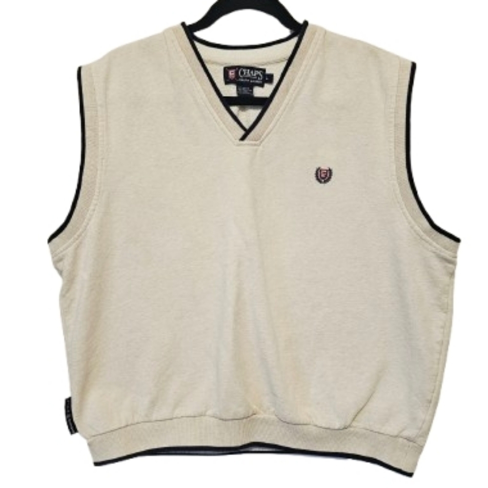 Chaps Men's Oatmeal And Navy Color V-Neck Sweater Vest Mens Size Large